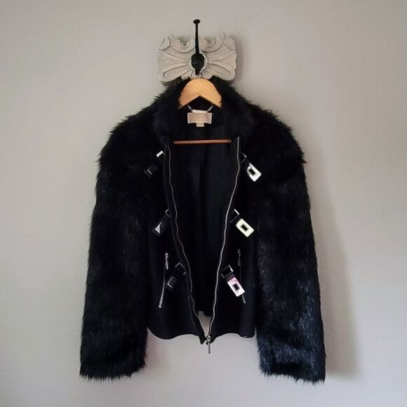 Michael Kors Yeti Faux Rabbit Fur Sleeve & Wool Moto Turnlock Jacket in Black - Picture 8 of 16
